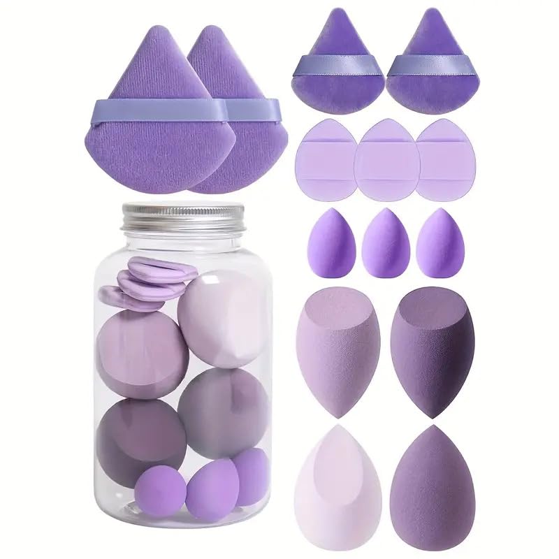 14-Piece Makeup Sponge Set – 3 Powder Puffs, 3 Mini Air Cushion Puffs, 3 Beauty Blenders & 3 Mini Beauty Blenders, Purple